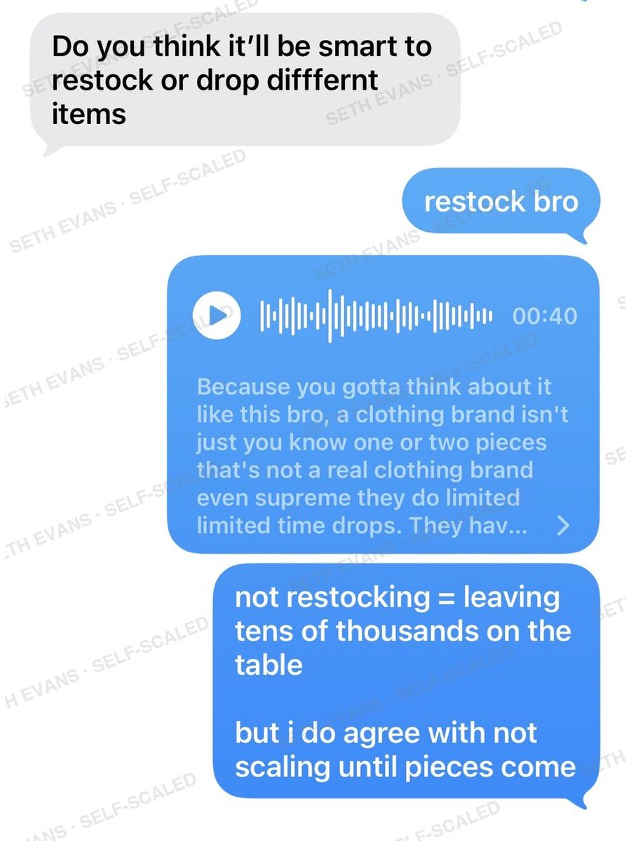 Text conversation: Restock or new drop?